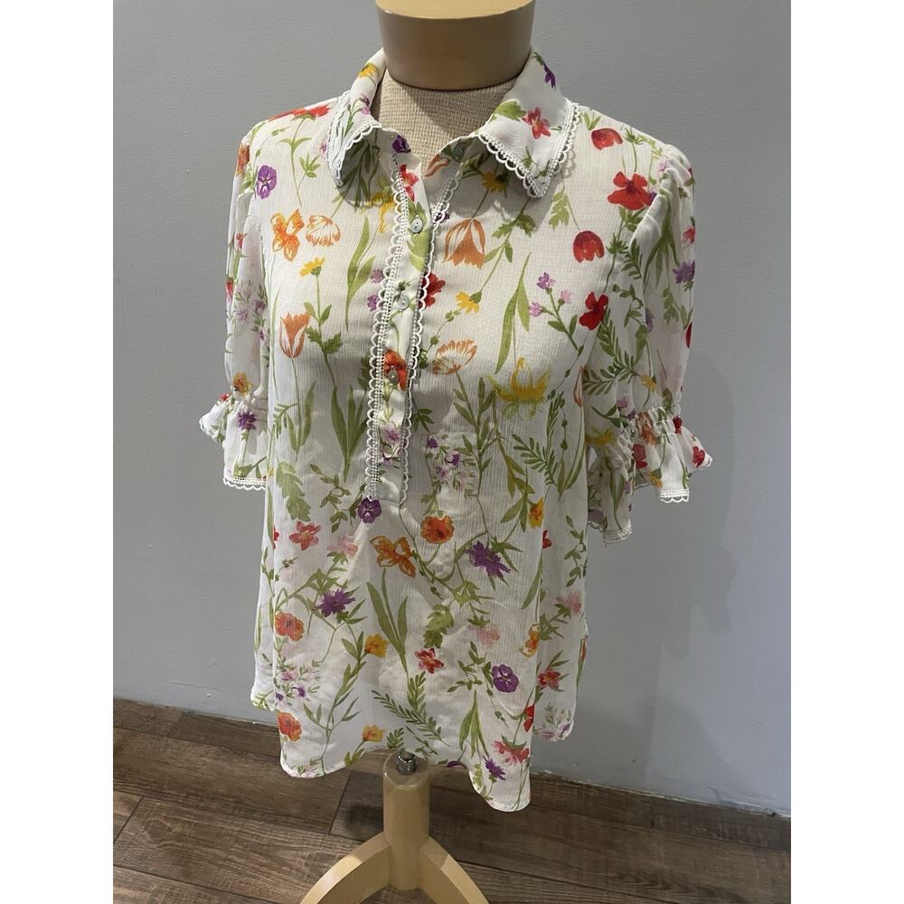 Alex & Lili Ivory Spring Floral Chiffon Blouse Balloon Short Sleeve L Euro Boho